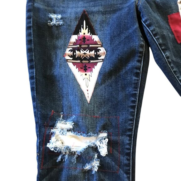 Upcycled Aztec Tribal Patchwork Jeans, Junior Size 12: Distressed Cropped Denim - Picture 9 of 13